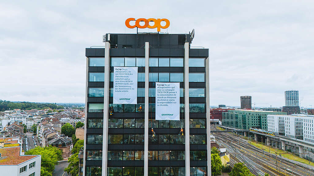 Coop und Migros: Greenpeace-Aktivist:innen hängen Banner an Hauptsitze