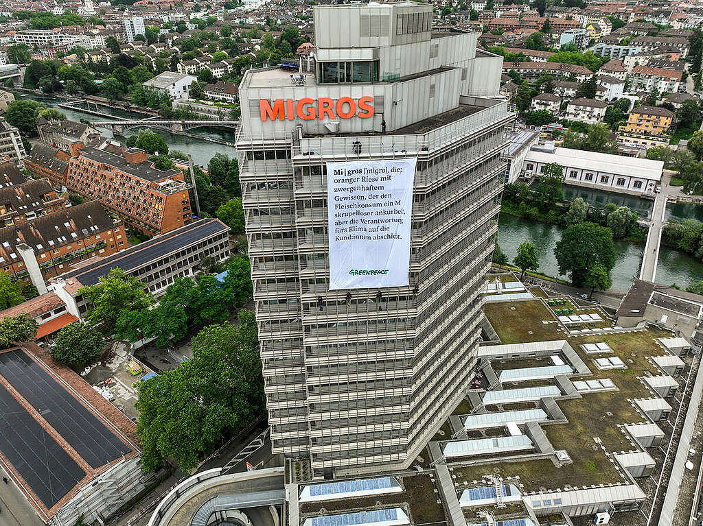 Coop und Migros: Greenpeace-Aktivist:innen hängen Banner an Hauptsitze